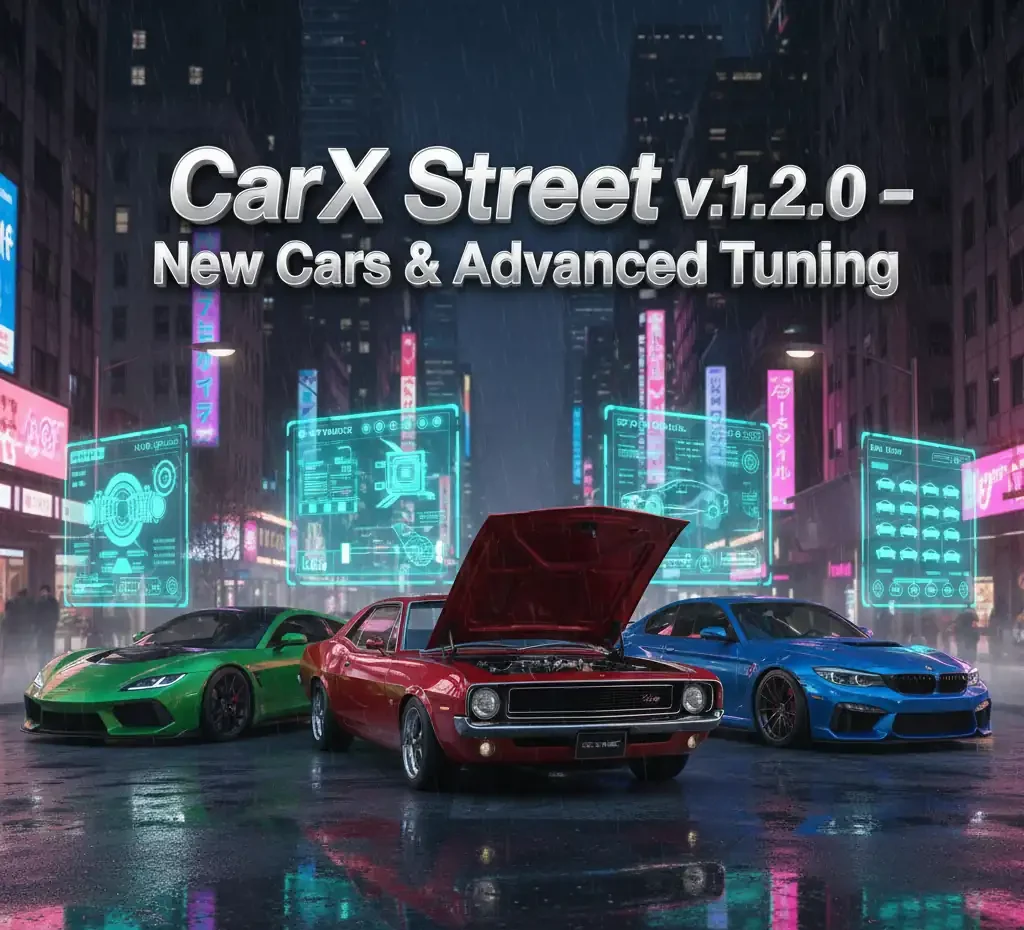 Download Carx Street Older Versions for Free 1 three modified sports cars in a neon-lit city scene. To showcase CarX Street APK Old Versions (v1.2.0)