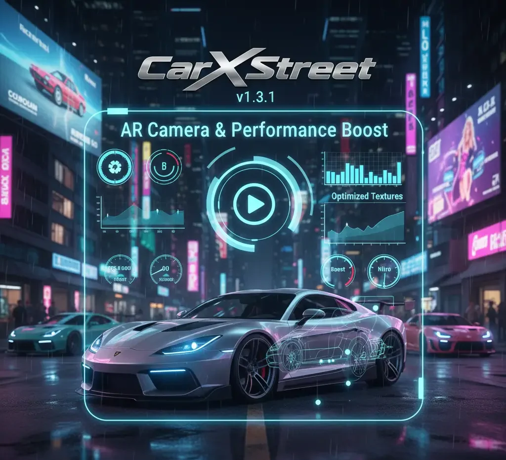 Download Carx Street Older Versions for Free 2 AR camera, performance boost, and a white sports car in a futuristic neon city.” showing version 1.3.1 of carx street