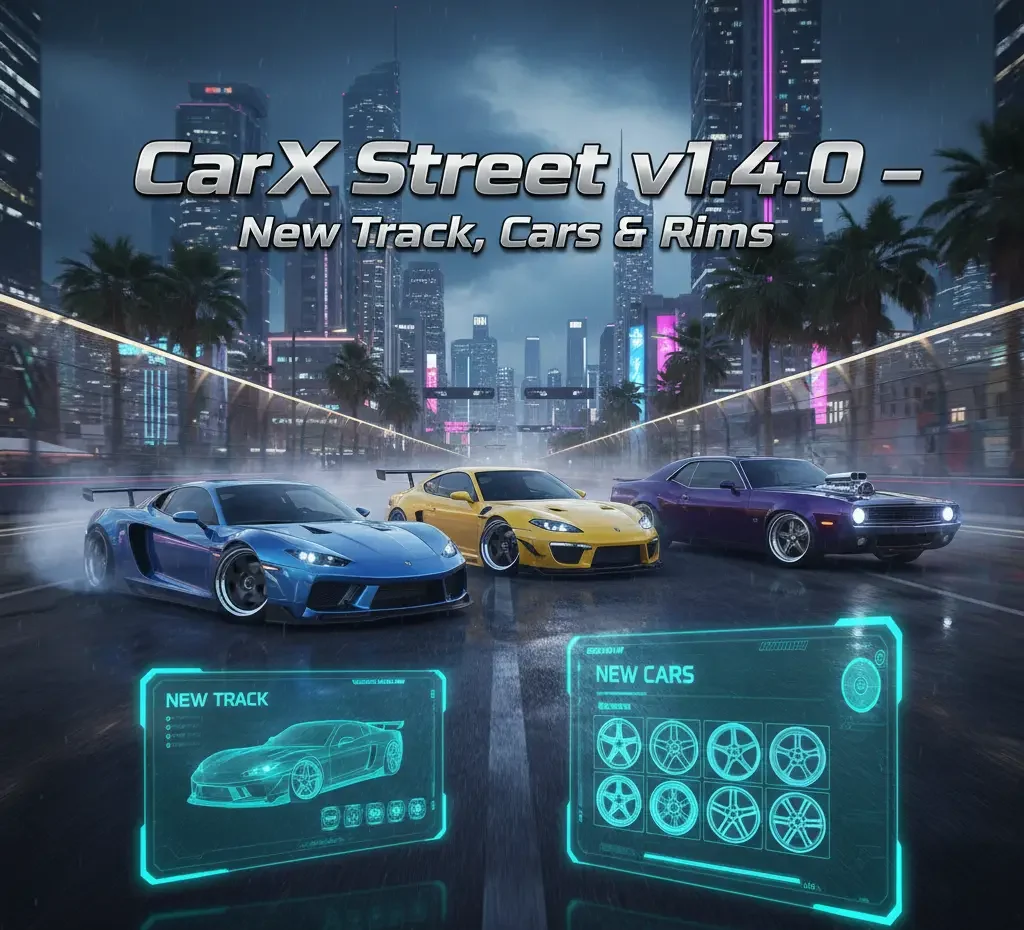 Download Carx Street Older Versions for Free 3 showing three upgraded sports cars drifting on a neon city street, highlighting new track, new cars, and new rims. showcasing version 1.4.0 of the carxstreet