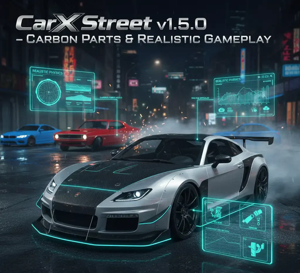 Download Carx Street Older Versions for Free 4 A carbon-fiber sports car with neon AR overlays showcasing carbon parts and realistic gameplay in a night city scene
