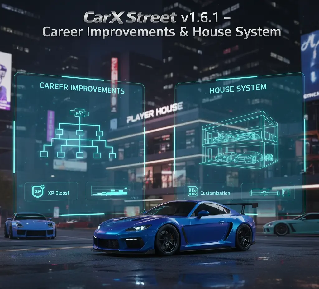 Download Carx Street Older Versions for Free 5 showing a blue sports car with holographic AR overlays highlighting career improvements