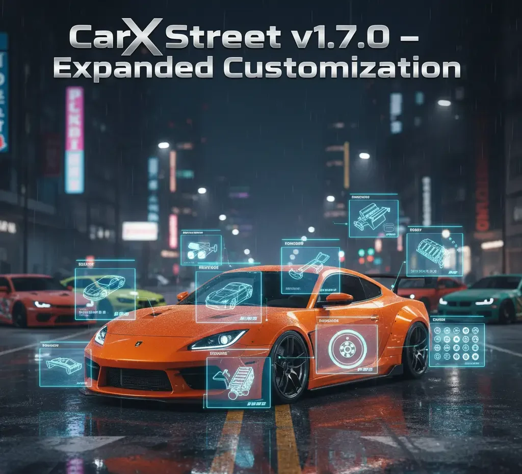 Download Carx Street Older Versions for Free 6 orange sports car with holographic AR overlays showcasing expanded customization options