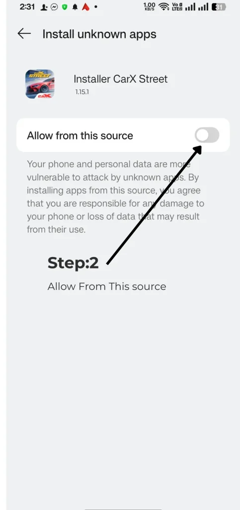 Android permissions screen with the ‘Allow from this source’ toggle highlighted by an arrow for Step 2 of installing CarX Street APK