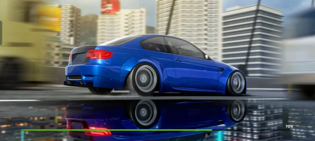 Blue performance car drifting through a modern city in CarX Street mobile game