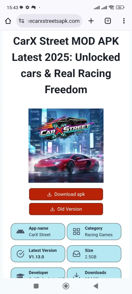 "Mobile view of a webpage showing CarX Street MOD APK Latest 2025 with a racing car graphic, download buttons, and app details for the modded racing game."