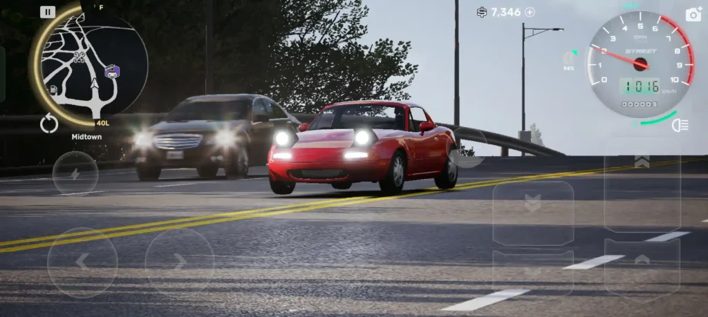 Red sports car driving on a city street in CarX Street racing gameplay