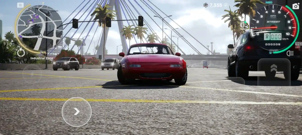Red sports car accelerating toward a suspension bridge in CarX Street racing game
