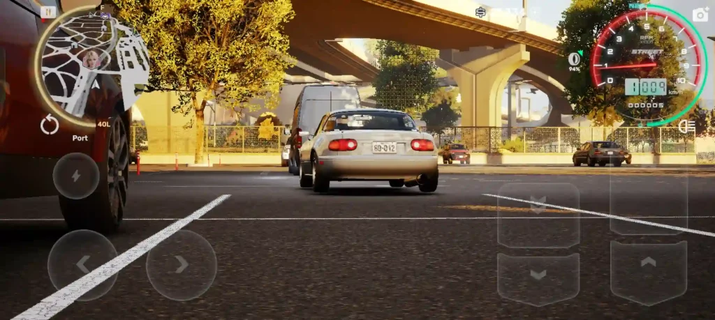 White convertible car speeding under a highway bridge in CarX Street racing game